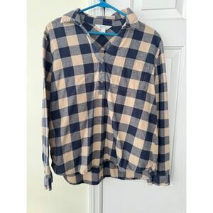Market & Spruce Navy‎ Tan Buffalo Plaid Henley Top Long Sleeve Cotton L